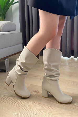 Kadın Azra Krem Cilt Körüklü Çizme