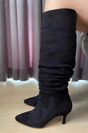 Kadın Tamara Siyah Süet Körüklü Sivri Burun Çivi Topuk Çizme