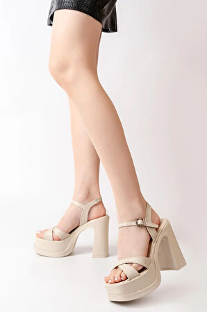 Kadın Çapraz Bantlı (12 cm) Platformlu Topuklu Ayakkabbı  Krem