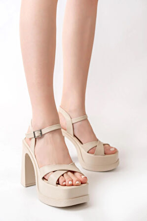 Kadın Çapraz Bantlı (12 cm) Platformlu Topuklu Ayakkabbı  Krem