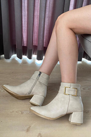 Kadın York Krem Zümrüt Kare Toka ( 6 cm ) Topuklu Sivri Burun Bot