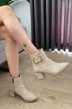 Kadın York Krem Zümrüt Kare Toka ( 6 cm ) Topuklu Sivri Burun Bot