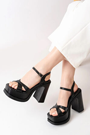 Kadın Çapraz Bantlı (12 cm) Platformlu Topuklu Ayakkabbı  Siyah