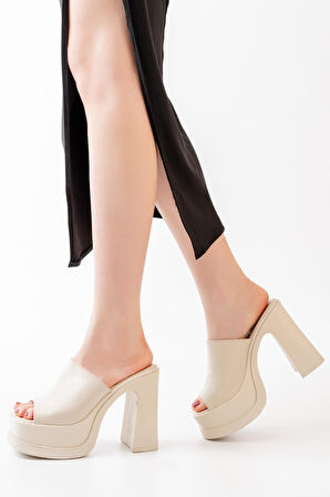 Kadın Geniş Bantlı (12cm) Ortapedik Platform Terlik  Krem