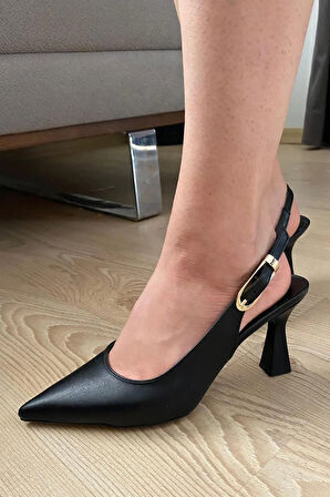 Kadın Motto Siyah Cilt Sivri Burun Arkası Acık 8 cm Topuklu Ayakkabı