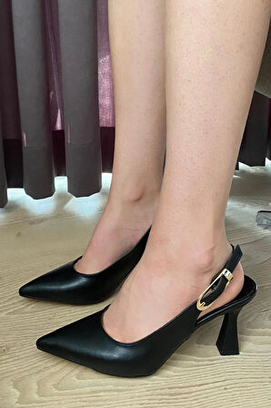 Kadın Motto Siyah Cilt Sivri Burun Arkası Acık 8 cm Topuklu Ayakkabı