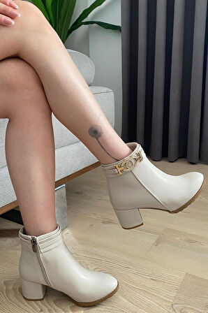Kadın Hana Krem Cilt Taşlı Tokalı ( 6 cm ) Topuklu Oval Burun Bot