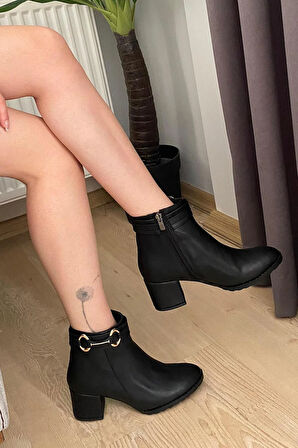 Kadın Hana Siyah Cilt Uzun Toka ( 6 cm ) Topuklu Oval Burun Bot