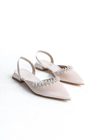 Kadın Best Krem Ten Saten Taşlı Arkası Açık Lastikli 2,5 Cm Kısa Blok Topuklu