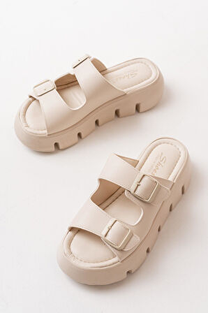 Kadın Çift Bantlı Kalın Taban Ortopedik Terlik  Krem