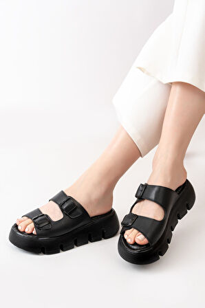 Kadın Çift Bantlı Kalın Taban Ortopedik Terlik  Siyah