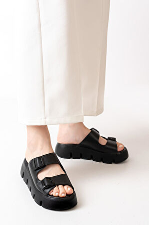 Kadın Çift Bantlı Kalın Taban Ortopedik Terlik  Siyah