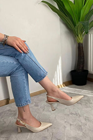 Kadın Motto Kıren Cilt Sivri Burun Arkası Acık 8 cm Topuklu Ayakkabı