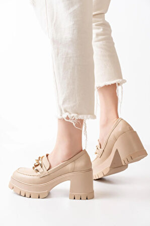 Kadın Zincir Tokalı 8 cm Topuklu Platformlu Ayakkabı  Bej