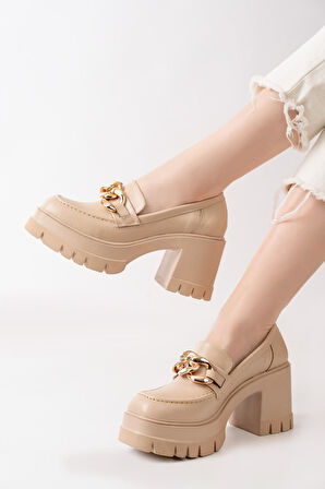 Kadın Zincir Tokalı 8 cm Topuklu Platformlu Ayakkabı  Bej