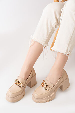 Kadın Zincir Tokalı 8 cm Topuklu Platformlu Ayakkabı  Bej