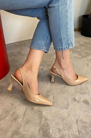 Kadın Motto Nud Rugan Sivri Burun Arkası Acık 8 cm Topuklu Ayakkabı