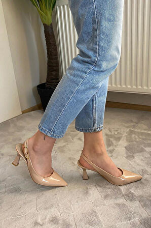 Kadın Motto Nud Rugan Sivri Burun Arkası Acık 8 cm Topuklu Ayakkabı