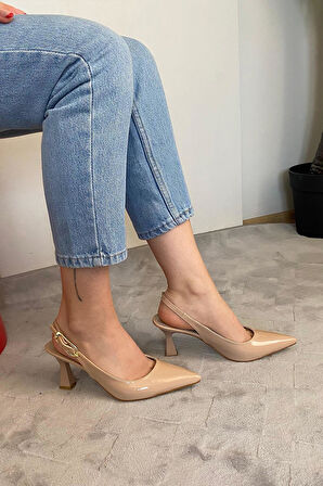 Kadın Motto Nud Rugan Sivri Burun Arkası Acık 8 cm Topuklu Ayakkabı