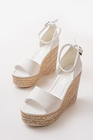 Kadın Dolgu Topuklu  Ayakkabı Rahat Yüksek Topuklu (11cm)  Beyaz