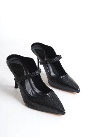 Kadın Mavera Siyah Rugan 9 Cm İnce Topuklu Sivri Burunlu Arkası Acık Tasarım Stiletto