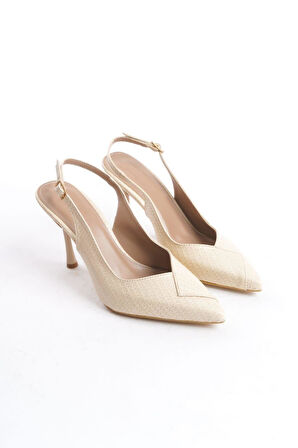 Kadın Soci Krem Rugan 9 Cm İnce Topuklu Sivri Burunlu Arkası Acık Tasarım Stiletto