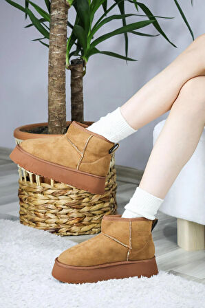 Kadın Pavro Süet İçi Kürklü  Kalın Taban ( 4.5 cm ) Mini Kısa Bot  kahverengi
