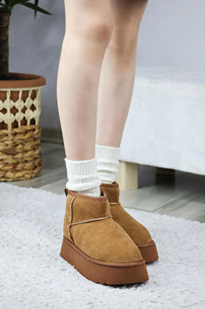 Kadın Pavro Süet İçi Kürklü  Kalın Taban ( 4.5 cm ) Mini Kısa Bot  kahverengi