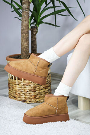 Kadın Pavro Süet İçi Kürklü  Kalın Taban ( 4.5 cm ) Mini Kısa Bot  kahverengi