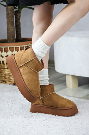 Kadın Pavro Süet İçi Kürklü  Kalın Taban ( 4.5 cm ) Mini Kısa Bot  kahverengi