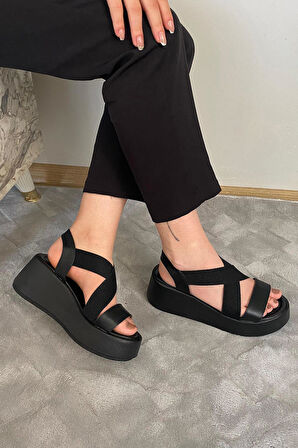 Kadın Mokka Siyah Lastik Detaylı  Dolgu Tabanlı Sandalet