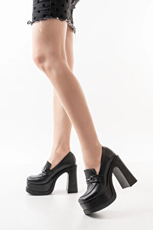 Kadın Mila Loafer Model 12 cm Platform Topuklu Ayakkabı  siyah cilt