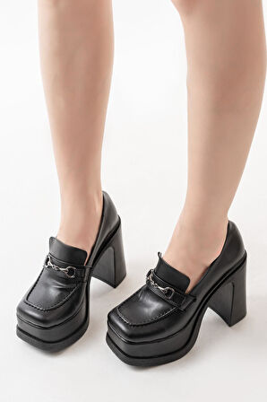 Kadın Mila Loafer Model 12 cm Platform Topuklu Ayakkabı  siyah cilt