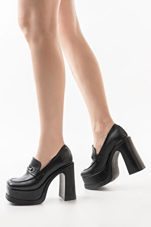 Kadın Mila Loafer Model 12 cm Platform Topuklu Ayakkabı  siyah cilt