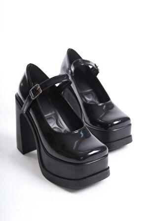 Kadın Viva Tek Baletli  (12 cm ) Platform Topuklu Ayakkabı  Siyah Rugan