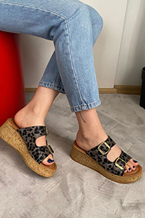 Kadın Nora Siyah Leopar Çift Bant Kalın Mantar Taban Ortopedik Sandalet Terlik K-270