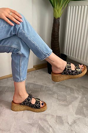 Kadın Nora Siyah Leopar Çift Bant Kalın Mantar Taban Ortopedik Sandalet Terlik K-270