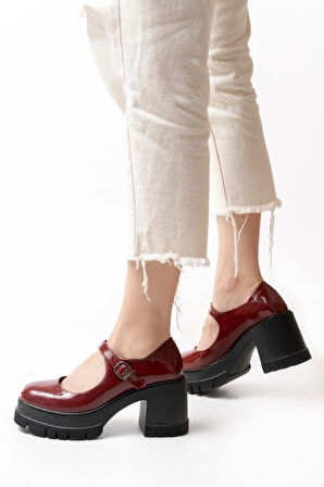 Kadın Tek Baletli Loafer Model  Topuklu Ayakkabı  Bordo Rugan