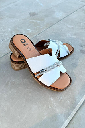 Kadın Kari Hakiki Deri Taş Detaylı Terlik