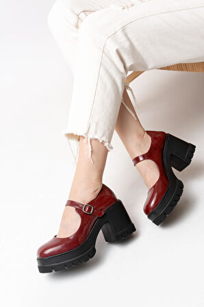 Kadın Tek Baletli Loafer Model  Topuklu Ayakkabı  Bordo Rugan