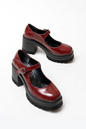 Kadın Tek Baletli Loafer Model  Topuklu Ayakkabı  Bordo Rugan