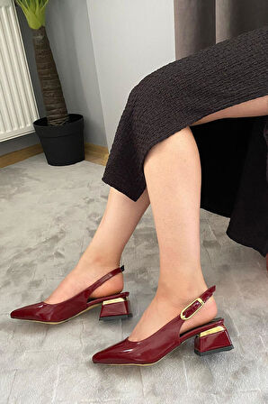 Kadın Karmi Bordo Rugan Arkası Acık Sivri Burun 4 cm Kalın Topuklu Ayakkabı