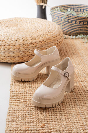 Kadın Tek Baletli Loafer Model  Topuklu Ayakkabı  krem