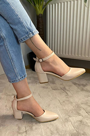 Kadın Gaya Krem Cilt 6 cm Topuklu Bilekten Bağlamalı Yanları Acık Ayakkabı