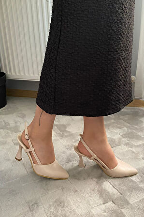 Kadın Natali 9 Krem Cilt Cm Topuklu Ayakkabı Arkası Açık Direkli Tokalı Topuk