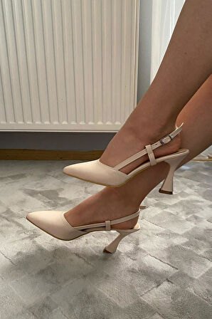 Kadın Natali 9 Krem Cilt Cm Topuklu Ayakkabı Arkası Açık Direkli Tokalı Topuk