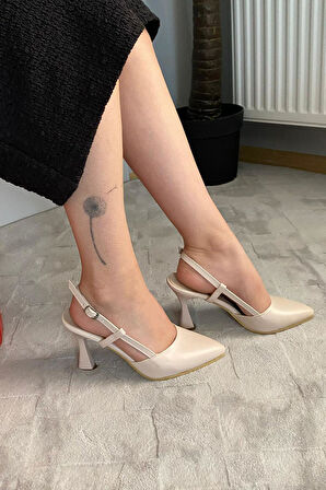 Kadın Natali 9 Krem Cilt Cm Topuklu Ayakkabı Arkası Açık Direkli Tokalı Topuk