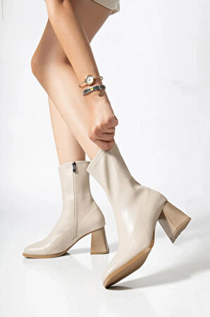 Kadın Marina Krem Bot 7 cm Kalın Topuklu Streç Boots