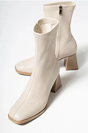Kadın Marina Krem Bot 7 cm Kalın Topuklu Streç Boots