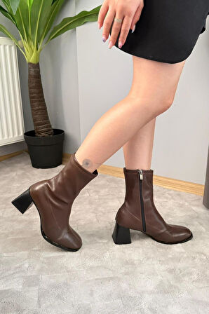 Kadın Marina Kahverengi Bot 7 cm Kalın Topuklu Streç Boots